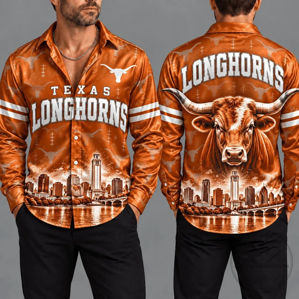 Texas Longhorns Football Team Cityscape Orange Long-Sleeve Button-Up Shirt Texas Longhorns Football Team Cityscape Orange Long-Sleeve Button-Up Shirt