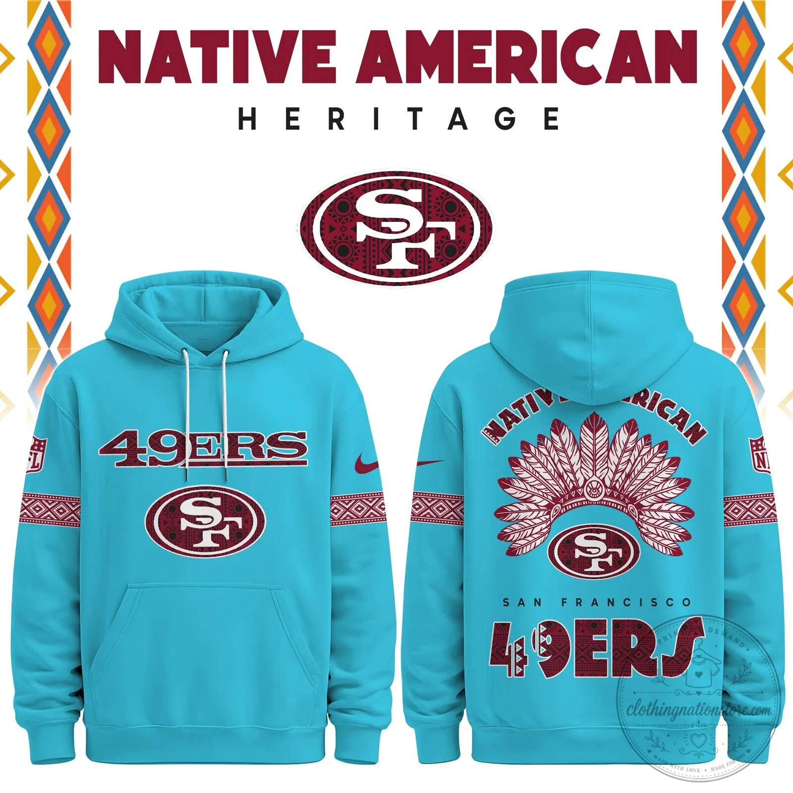 San Francisco 49ers Native American Heritage Aqua Blue Hoodie