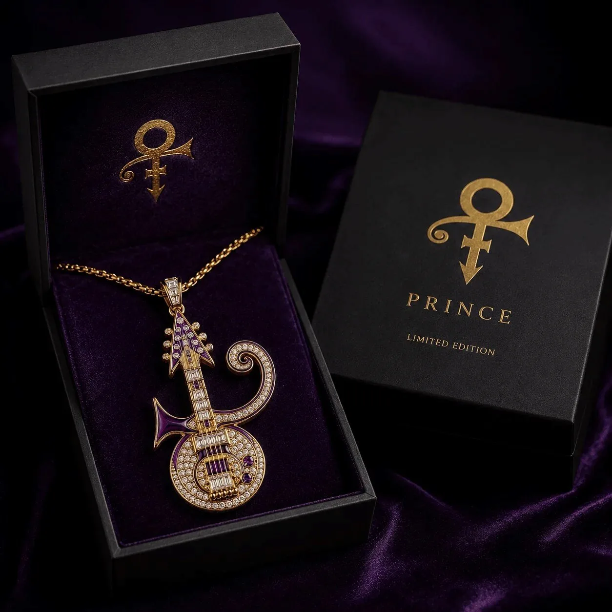 Diamond Pendant Necklace with Gold Chain featuring Prince Symbol Guitar