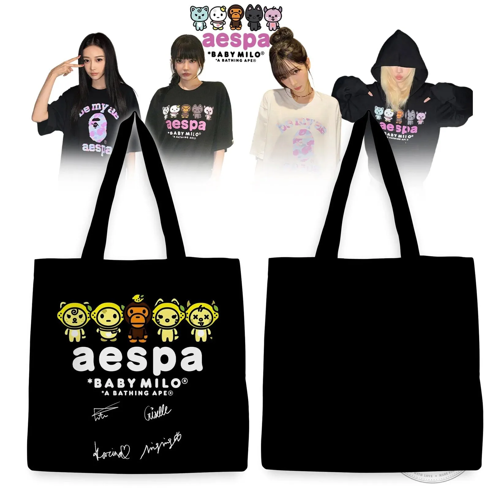Aespa Baby Milo A Bathing Ape Signed Black Tote Bag