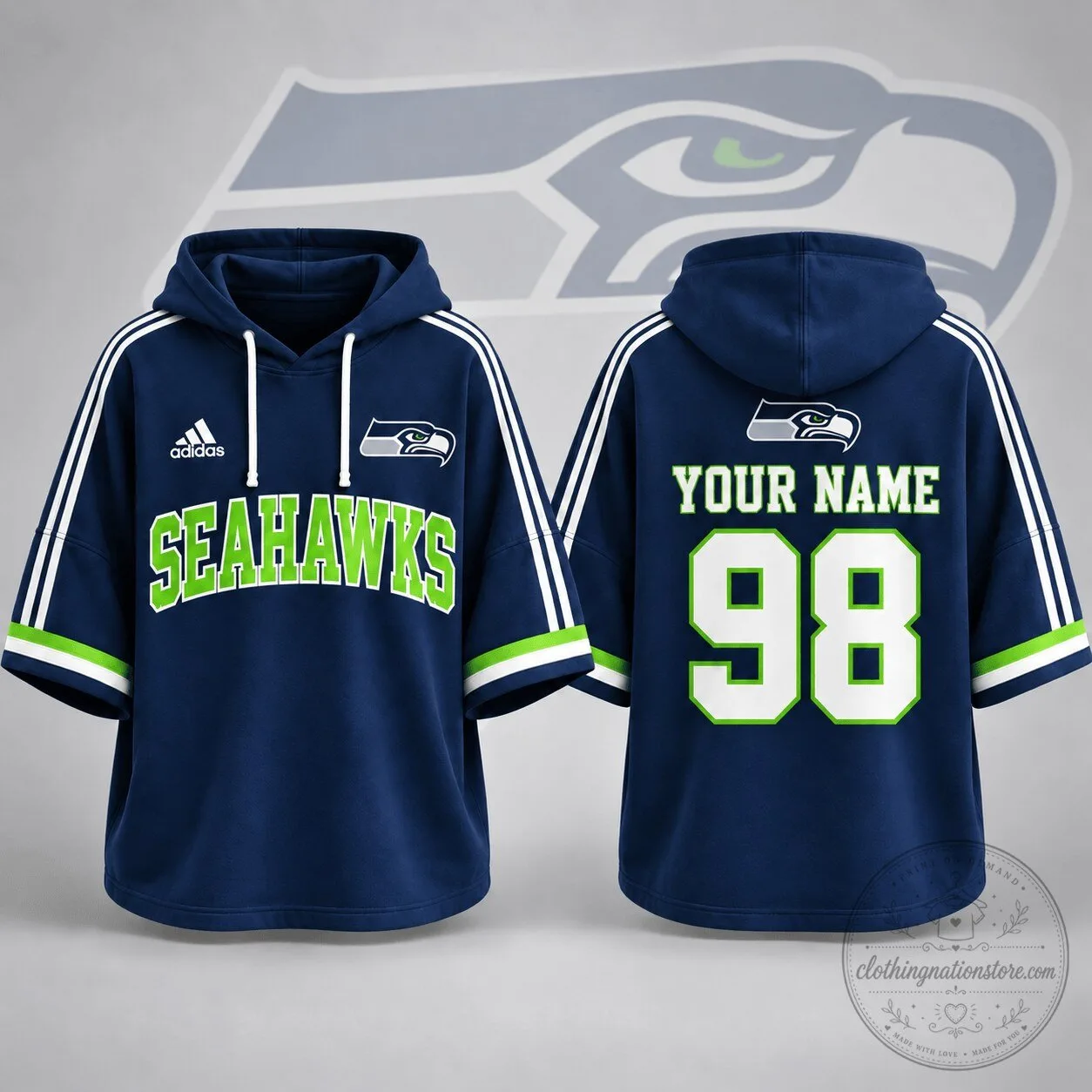 Seattle Seahawks Custom Name Number Short Sleeve Hoodie 5 Seattle Seahawks Custom Name Number Short Sleeve Hoodie