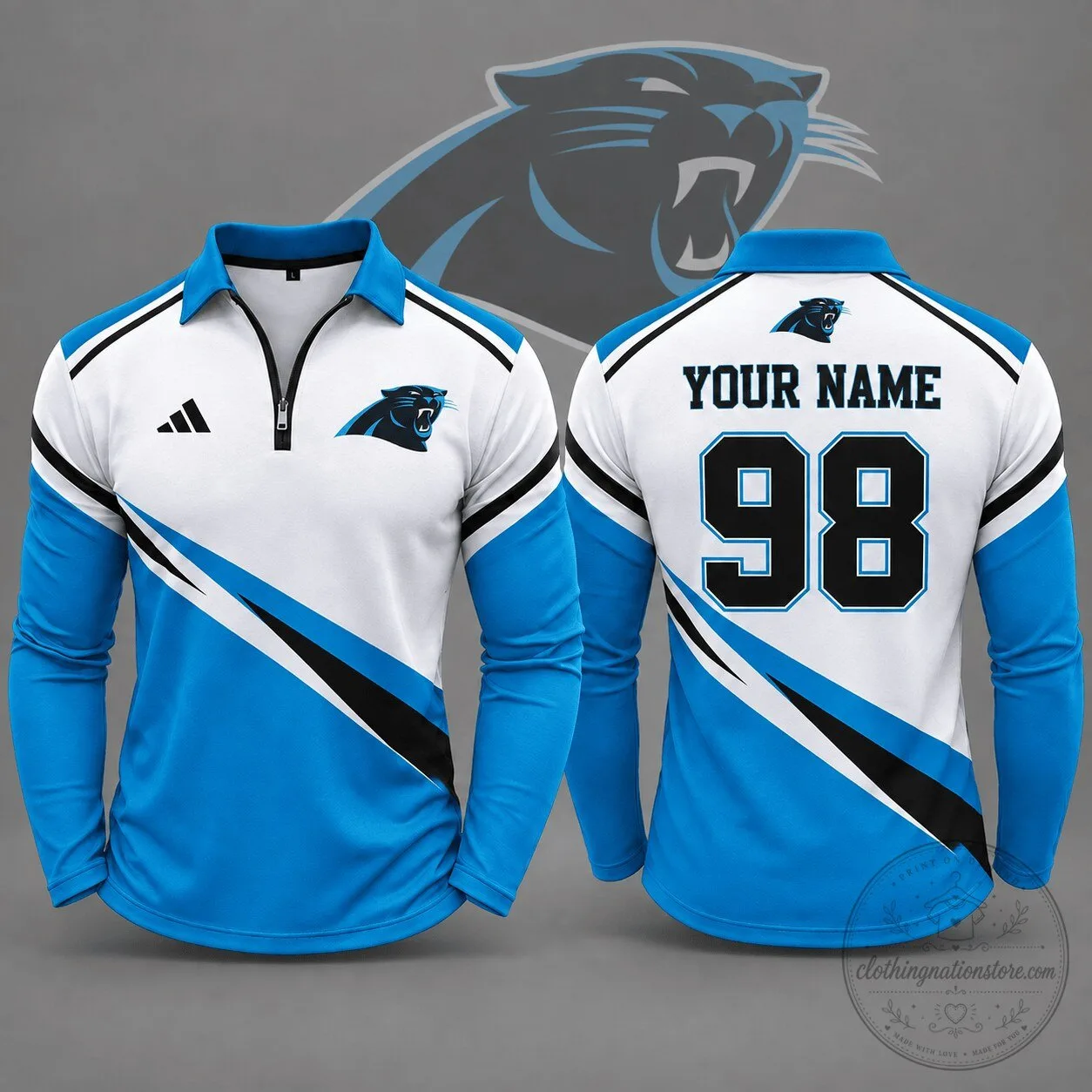 Carolina Panthers Personalized Quarter Zip Long Sleeve Polo Shirt