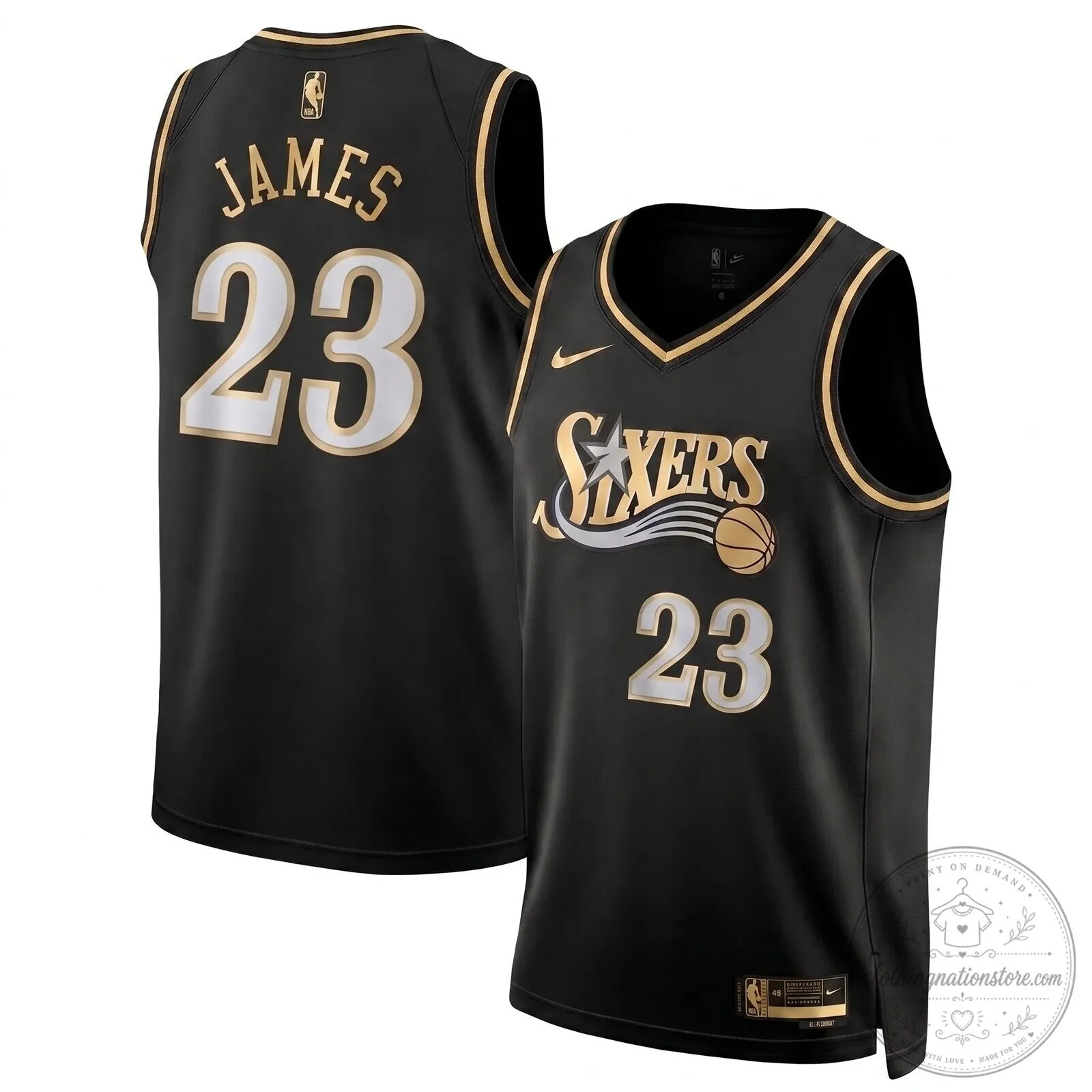 Philly 76ers LeBron James Black Gold Edition Basketball Jersey