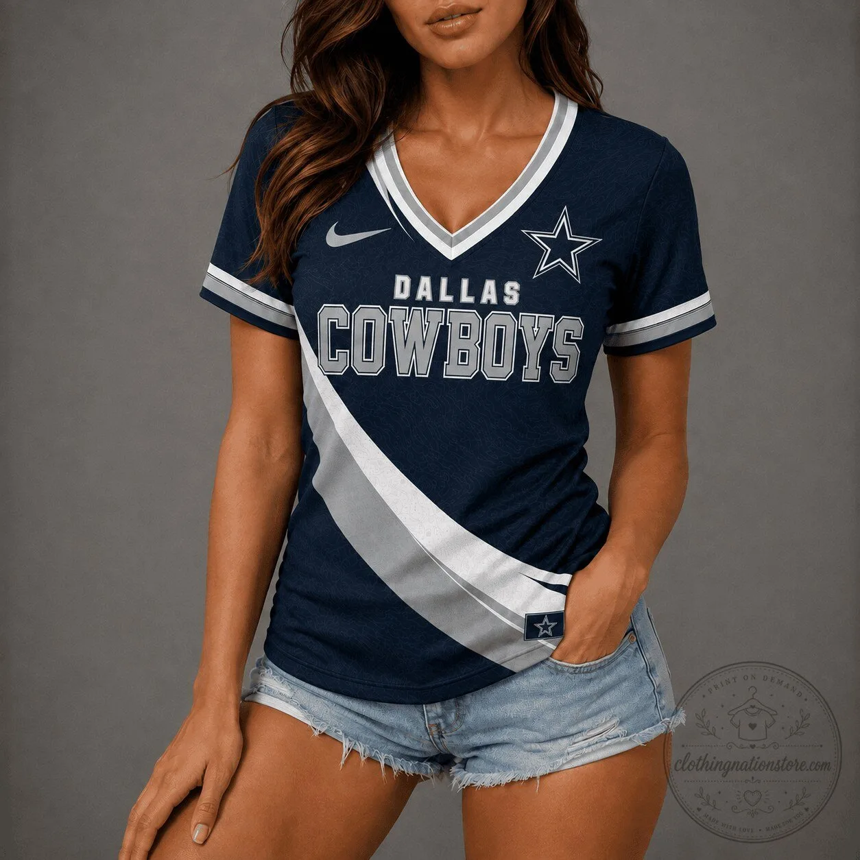 Dallas Cowboys Women's Navy Blue V-Neck Short Sleeve Football Fan T-Shirt