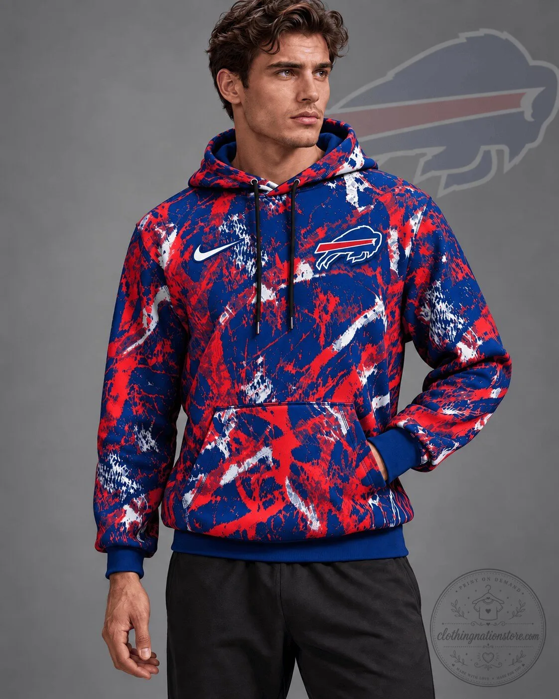 Buffalo Bills NFL Team Crest Distressed Paint Splatter Blue Red Pullover Hoodie