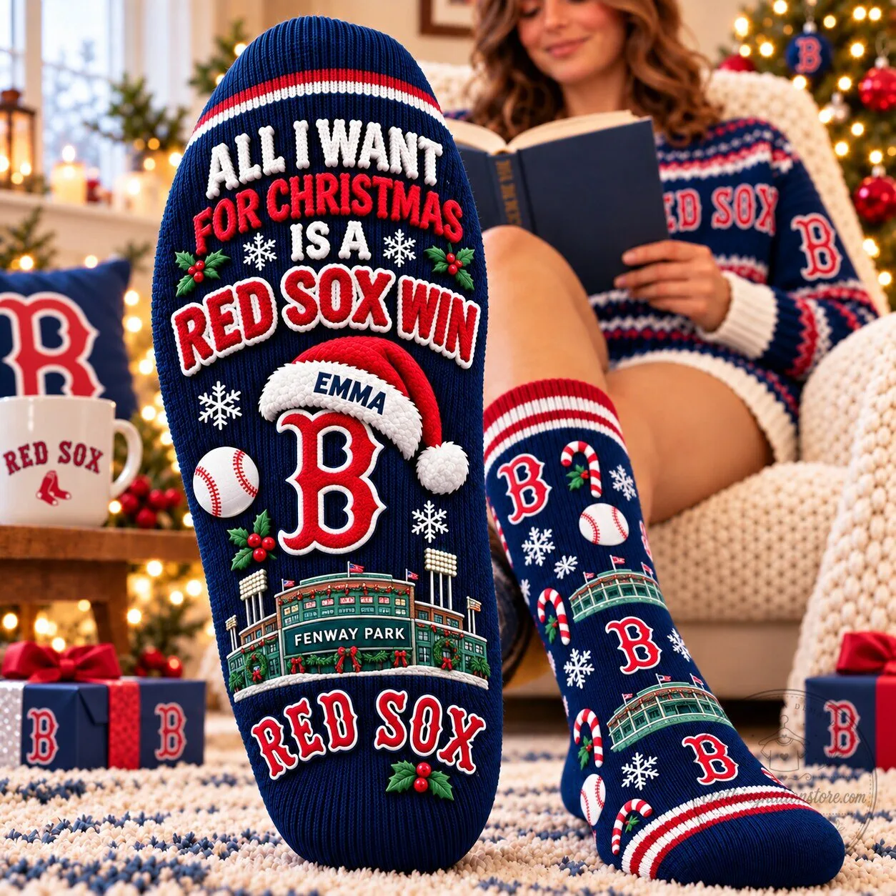 Boston Red Sox Christmas Holiday Fenway Park Baseball Socks