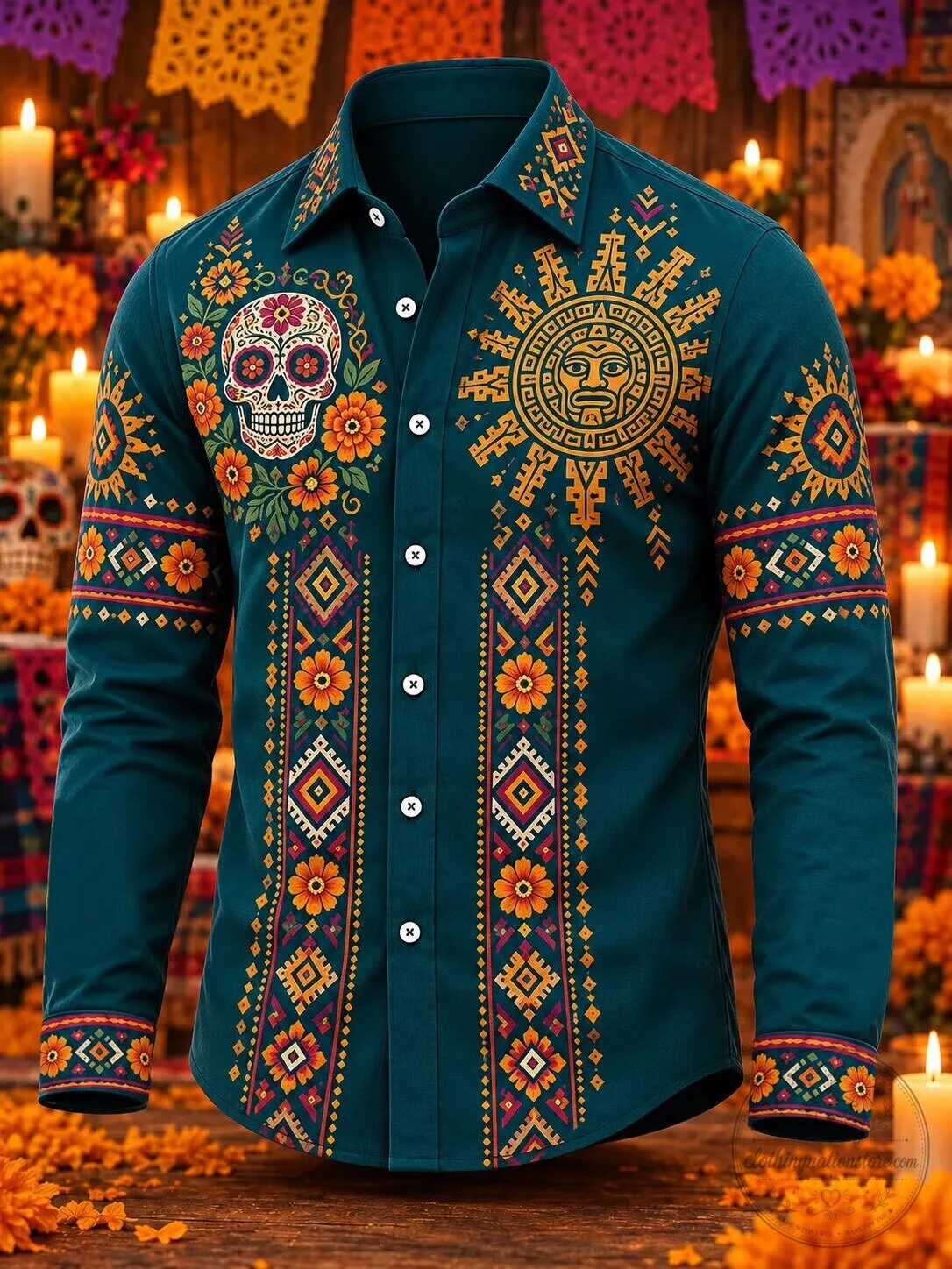 Day of the Dead Sugar Skull and Sun Aztec Pattern Long Sleeve Shirt 3 Day of the Dead Sugar Skull and Sun Aztec Pattern Long Sleeve Shirt