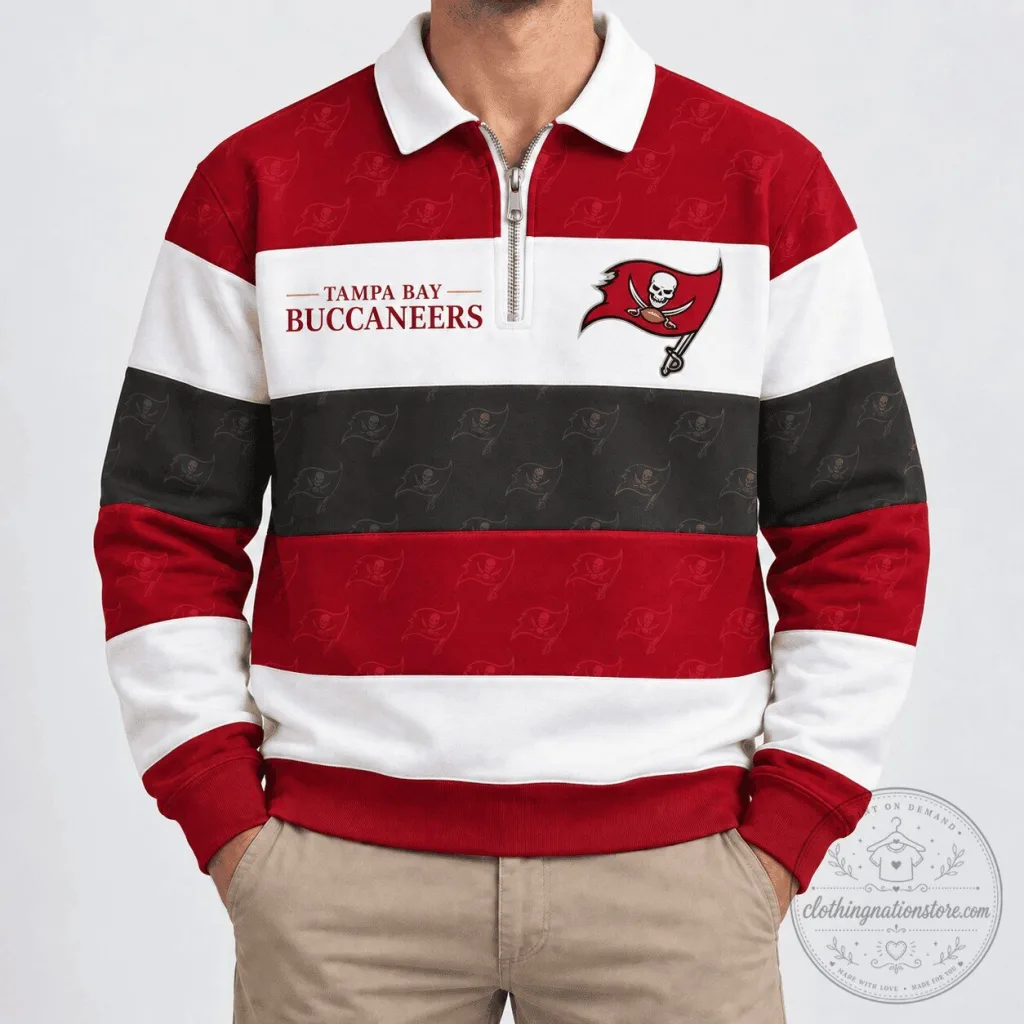 Tampa Bay Buccaneers NFL Team Classical Stripe Quarter Zip Polo Shirt Tampa Bay Buccaneers NFL Team Classical Stripe Quarter Zip Polo Shirt