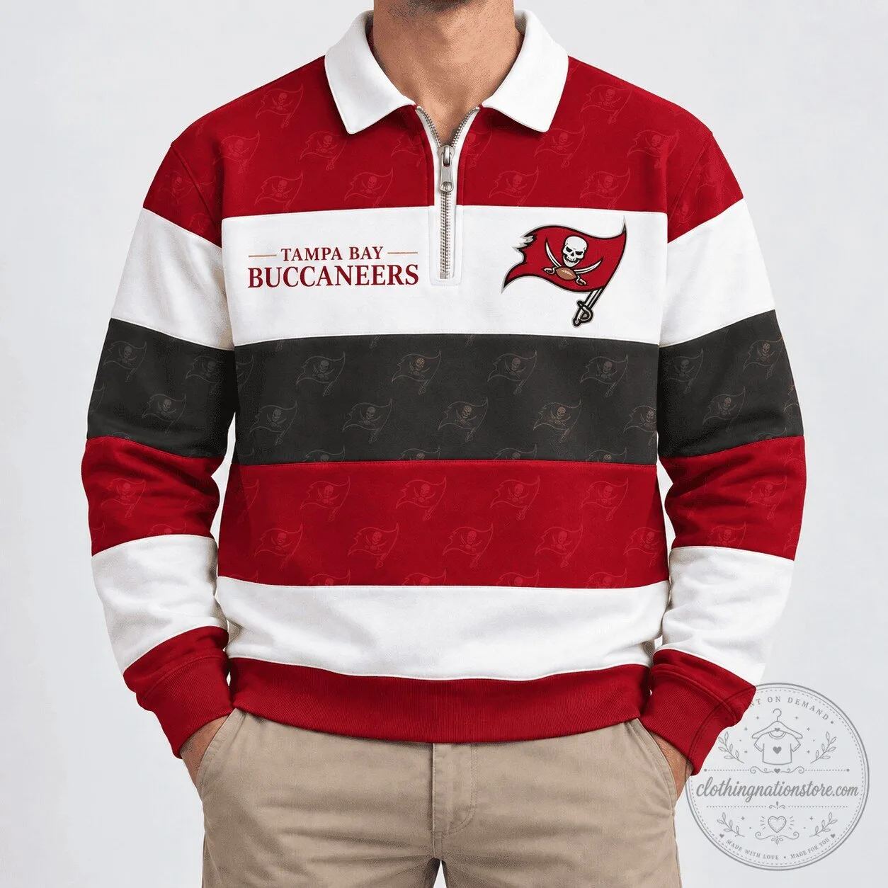 Tampa Bay Buccaneers NFL Team Classical Stripe Quarter Zip Polo Shirt