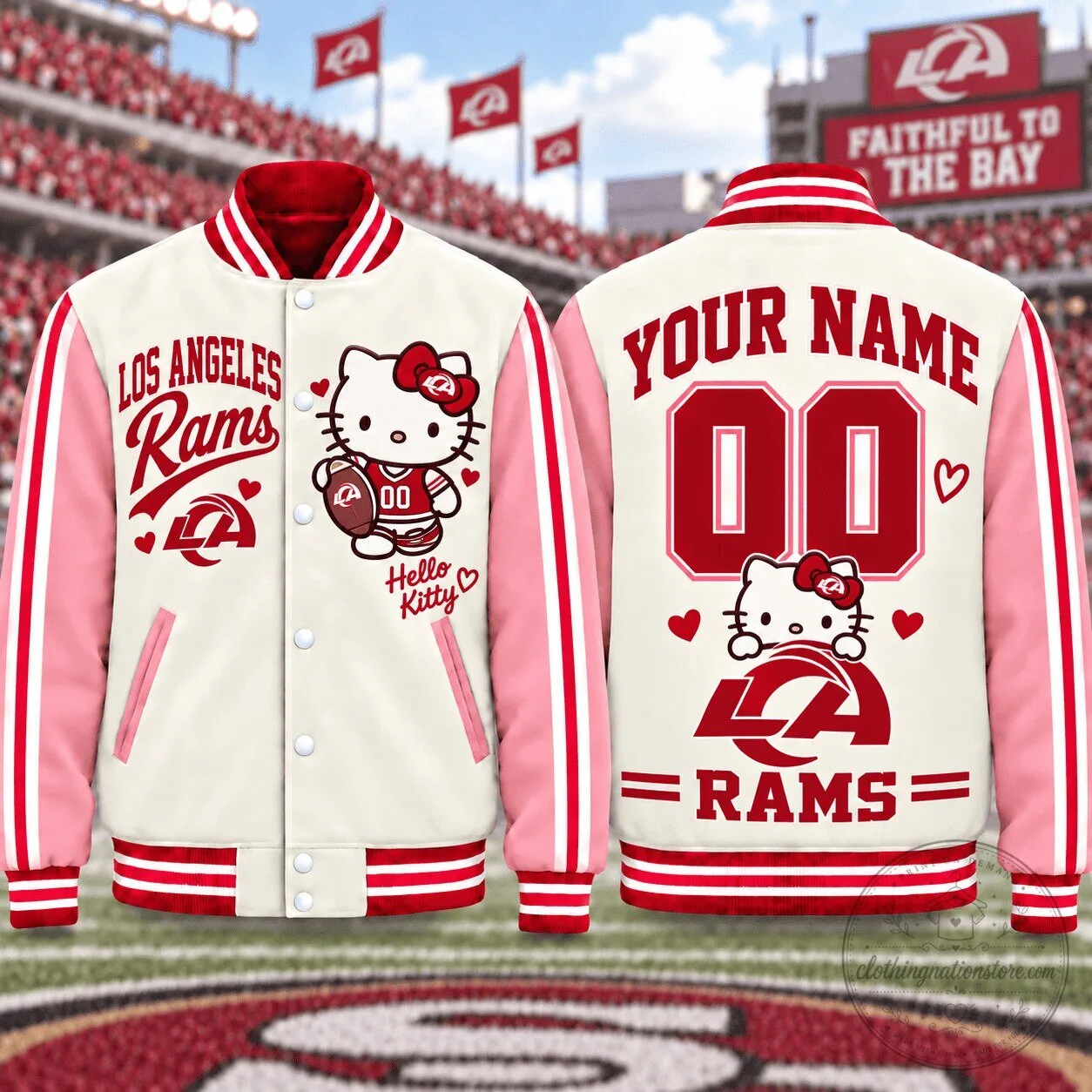 Personalized Varsity Jacket featuring Hello Kitty and Los Angeles Rams Design