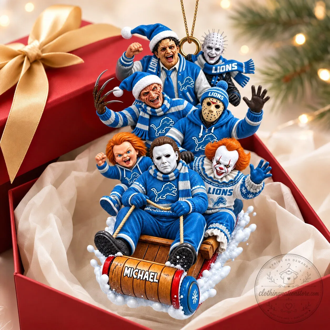 Detroit Lions Fan Horror Movie Characters Christmas Sled Ornament 5 Detroit Lions Fan Horror Movie Characters Christmas Sled Ornament