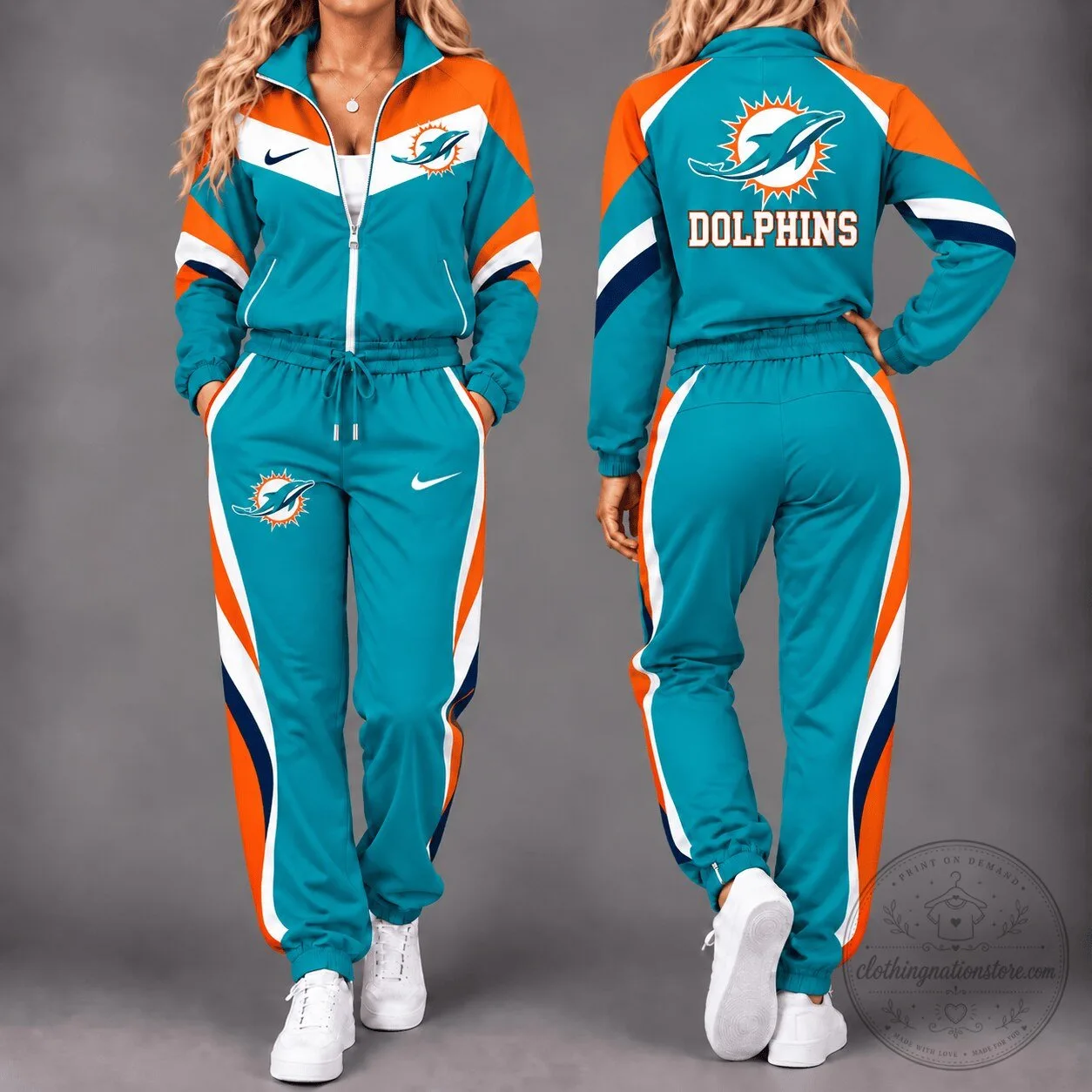 Miami Dolphins NFL Team Logo Teal and Orange Tracksuit Jacket and Pants Set 5 Miami Dolphins NFL Team Logo Teal and Orange Tracksuit Jacket and Pants Set