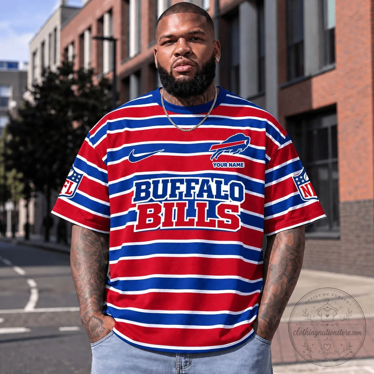 Buffalo Bills Striped Custom Name Football Fan T-Shirt 2 Buffalo Bills Striped Custom Name Football Fan T-Shirt
