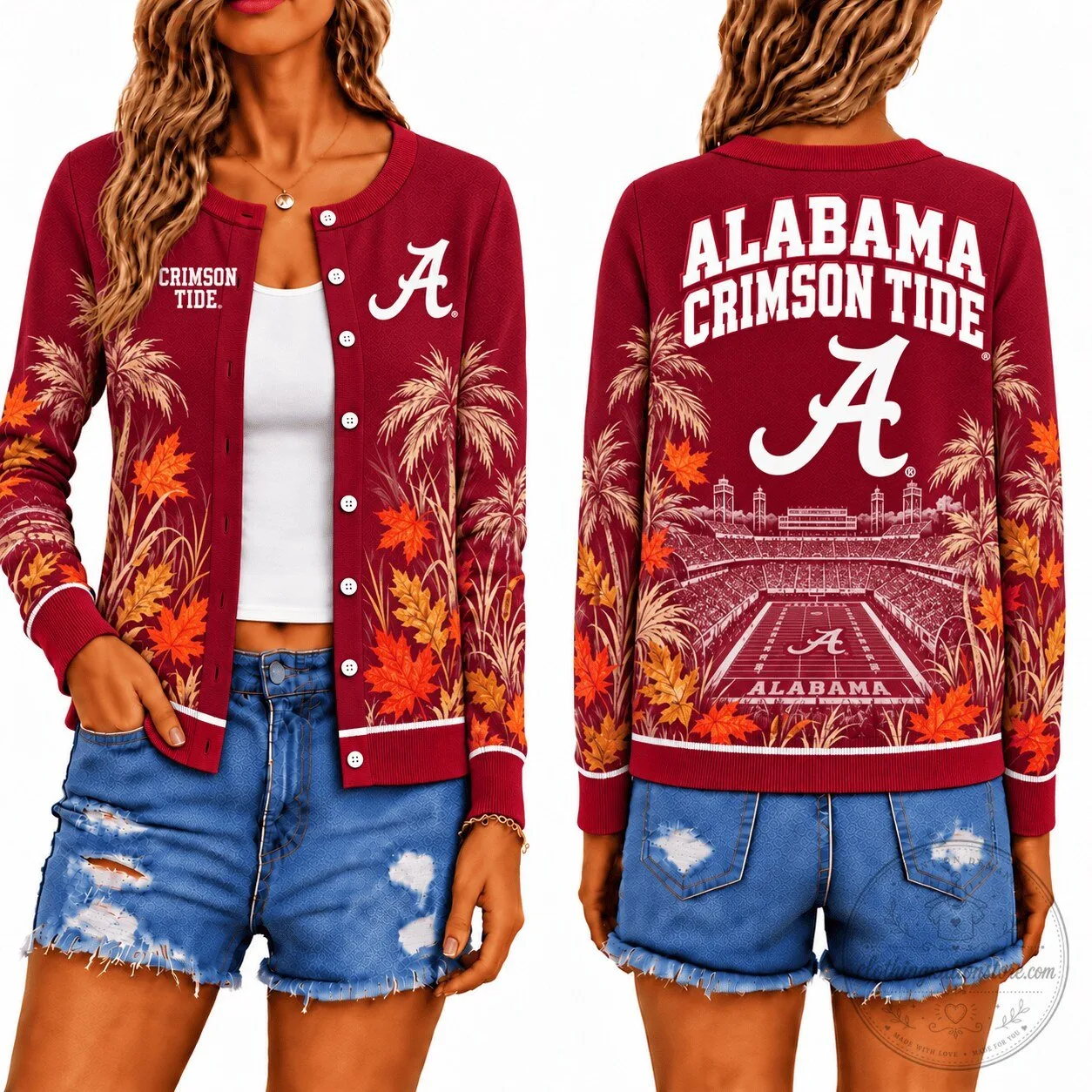 Alabama Crimson Tide Fall Season Leaves and Palm Trees Cardigan