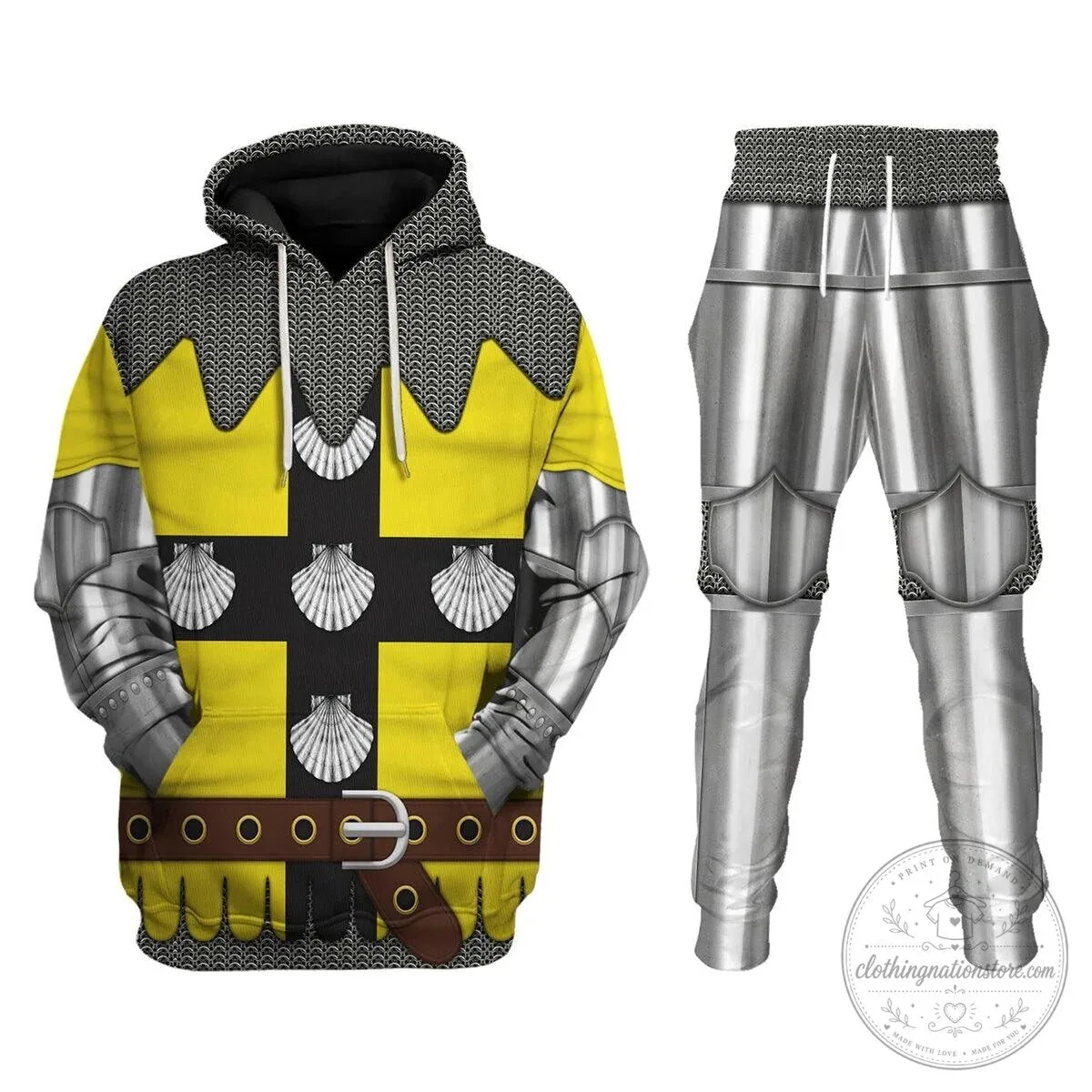 Medieval Knight Armor Chainmail Costume Yellow Cross Scallop Shell Hoodie Sweatshirt