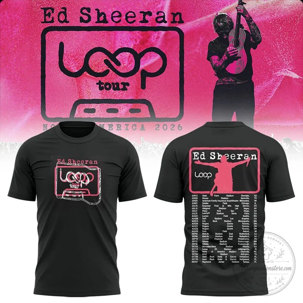 Black T-Shirt featuring Ed Sheeran's 2026 North America Loop Tour Concert Dates