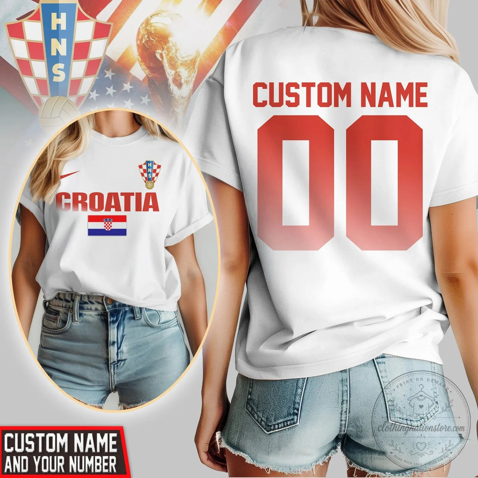 Croatia National Football Team Custom Name and Number White T-Shirt