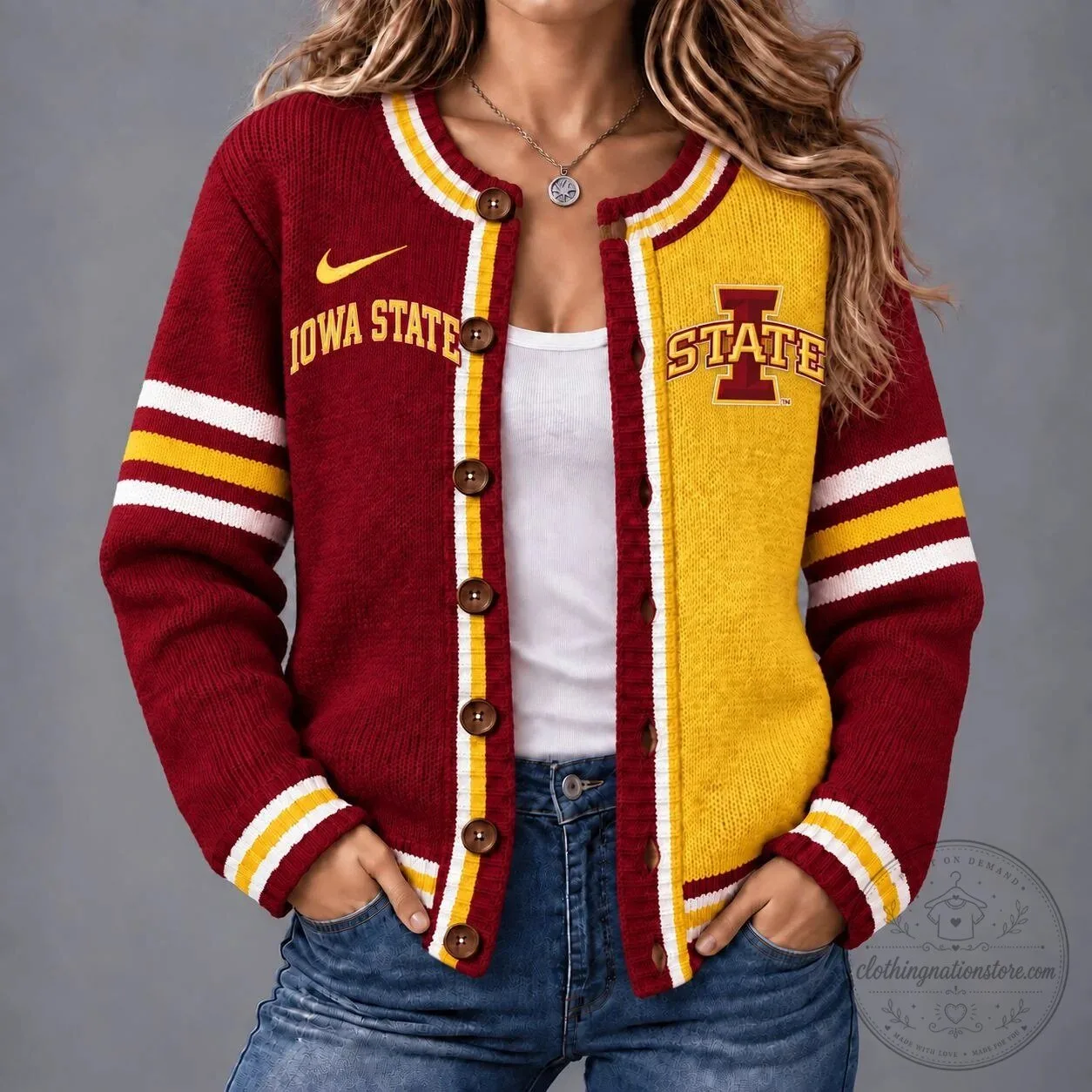 Iowa State Cyclones Red and Gold Striped Button-Up Knit Cardigan