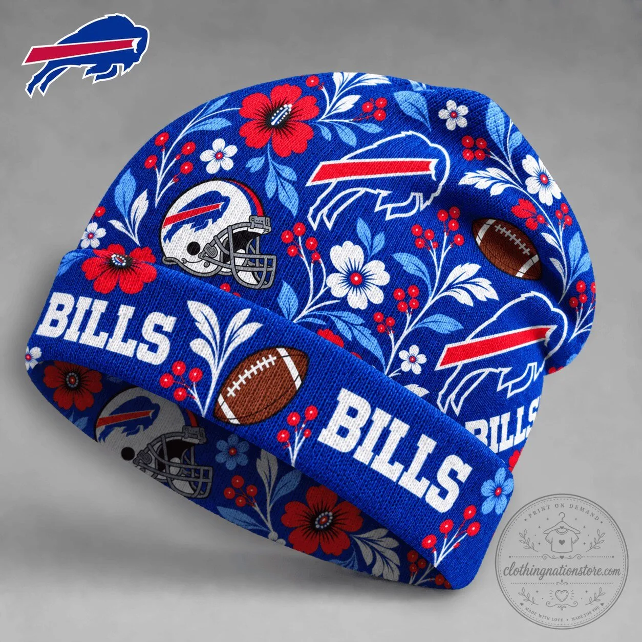 Buffalo Bills NFL Football Floral Pattern Blue Beanie Hat