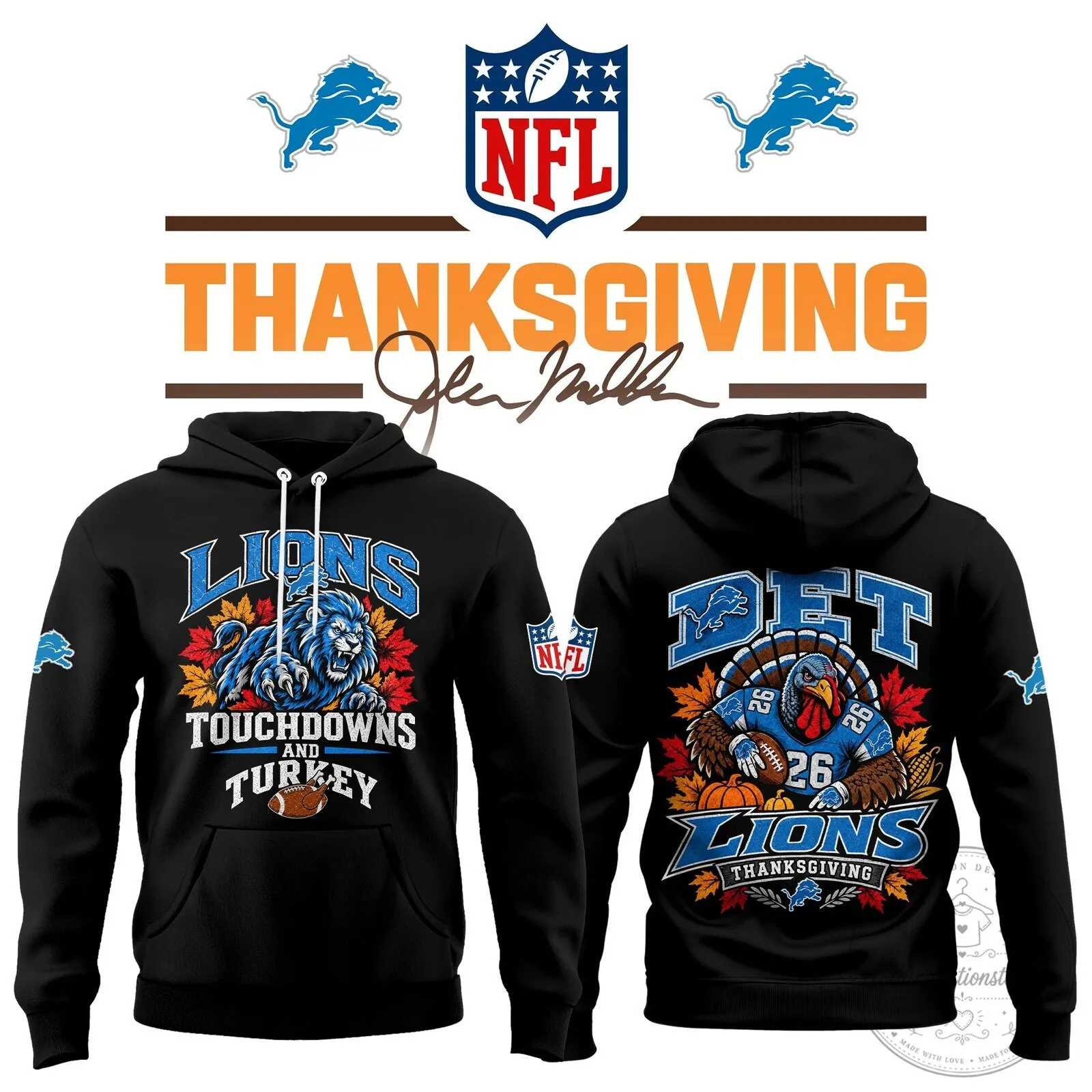 Detroit Lions Thanksgiving Touchdowns and Turkey NFL Football Hoodie