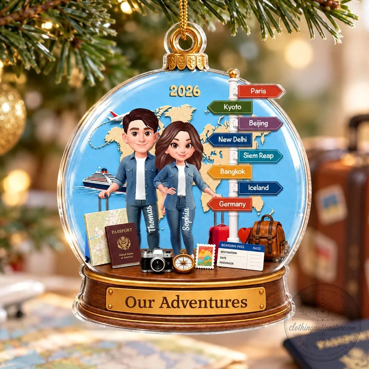 Personalized Couple Traveling Destination Adventure Christmas Tree Ornament
