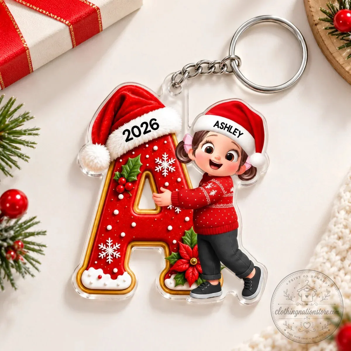 Personalized Christmas Letter A Hug Acrylic Keychain with Santa Hat and Custom Name
