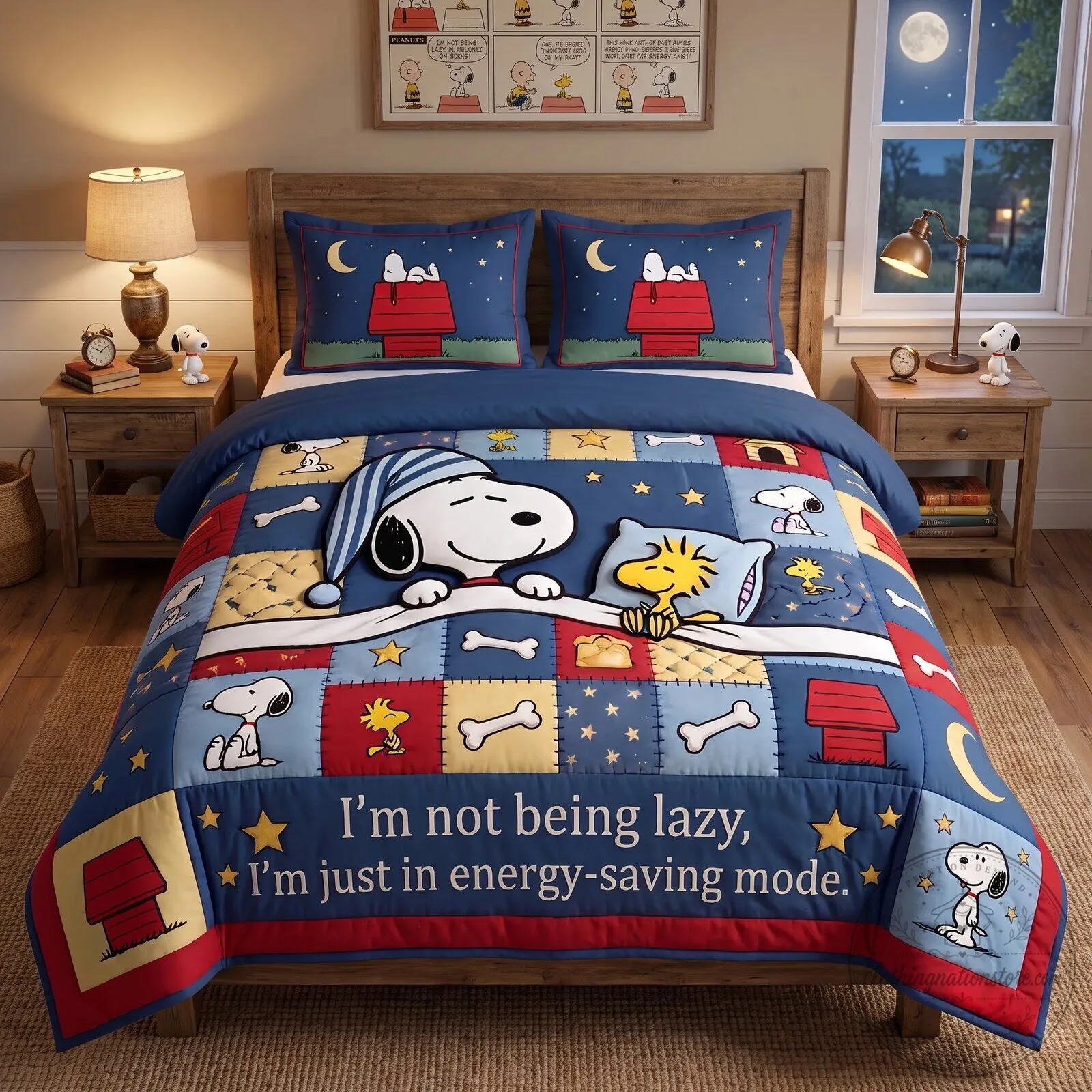 Snoopy Energy Saving Mode Peanuts Comic Strip Quilt Bedding Set