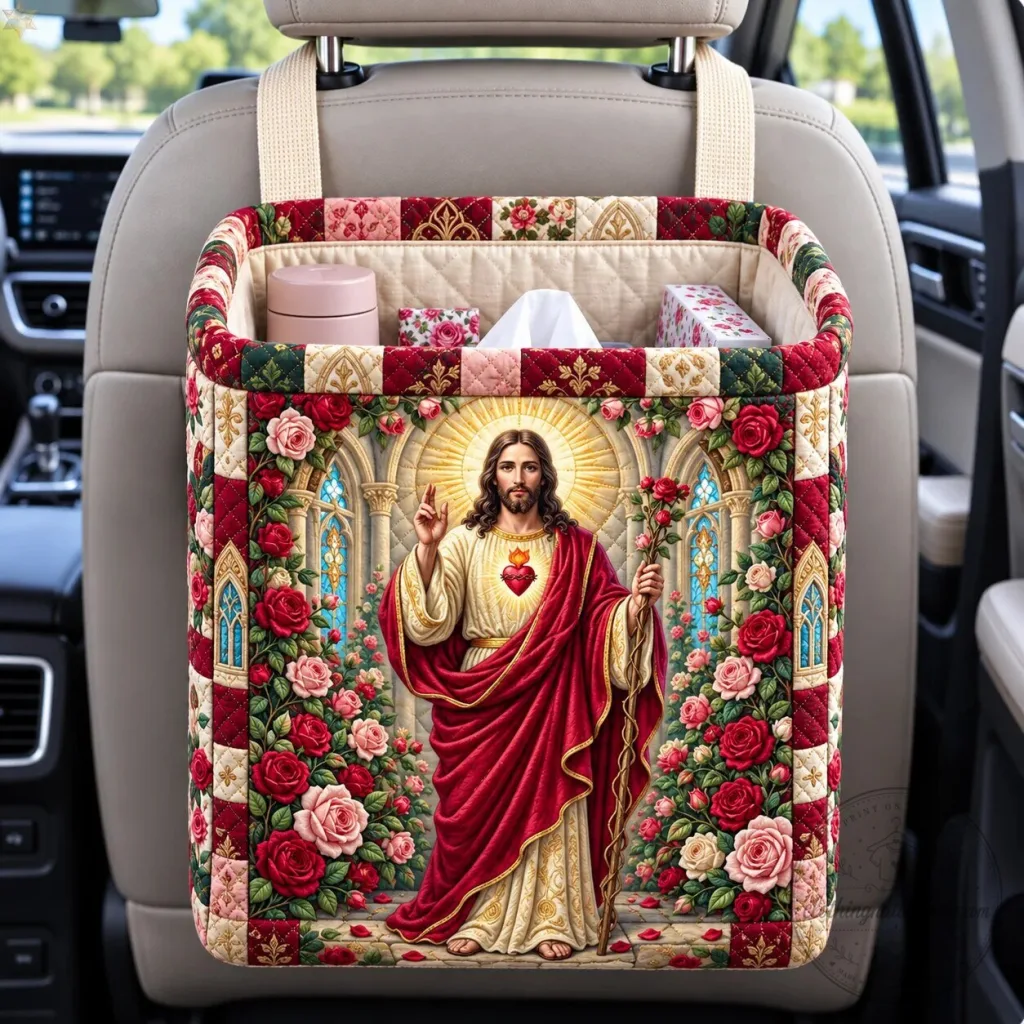 Sacred Heart Jesus Roses Quilted Car Storage Basket Sacred Heart Jesus Roses Quilted Car Storage Basket