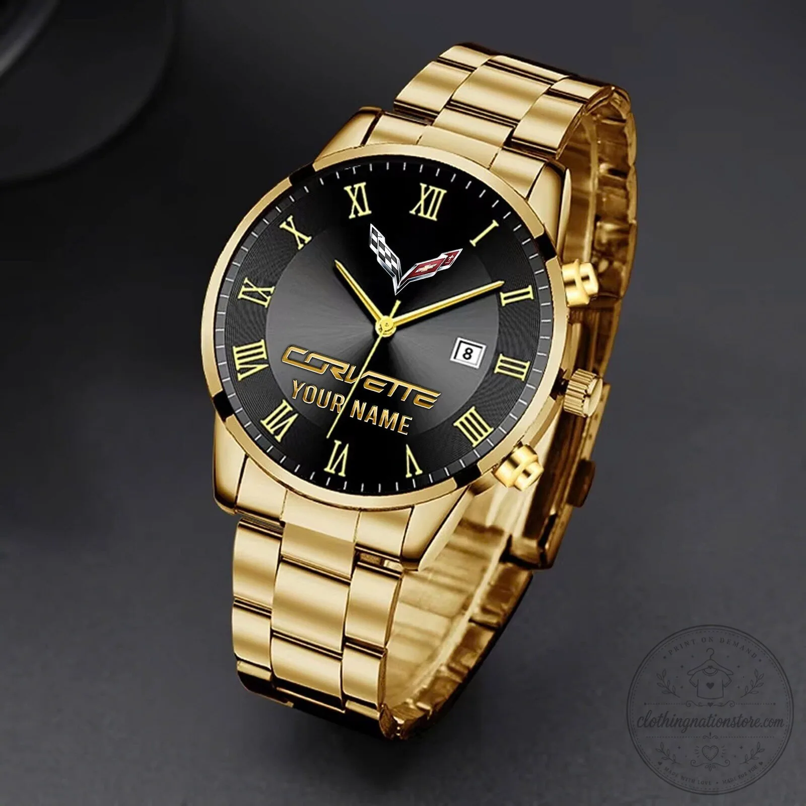 Corvette Custom Name Gold Plated Stainless Steel Watch for Men 4 Corvette Custom Name Gold Plated Stainless Steel Watch for Men