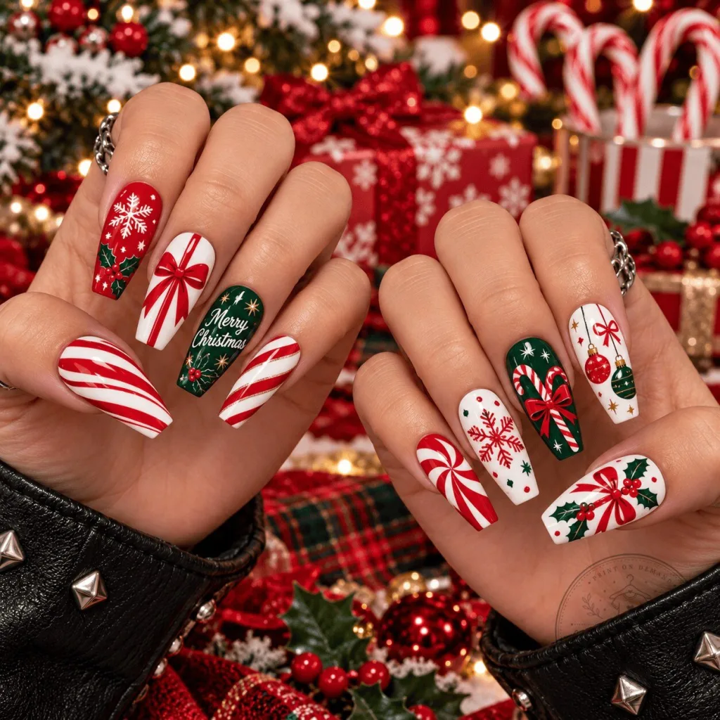 Festive Merry Christmas Candy Cane Snowflake Bow Press-On Nails Festive Merry Christmas Candy Cane Snowflake Bow Press-On Nails